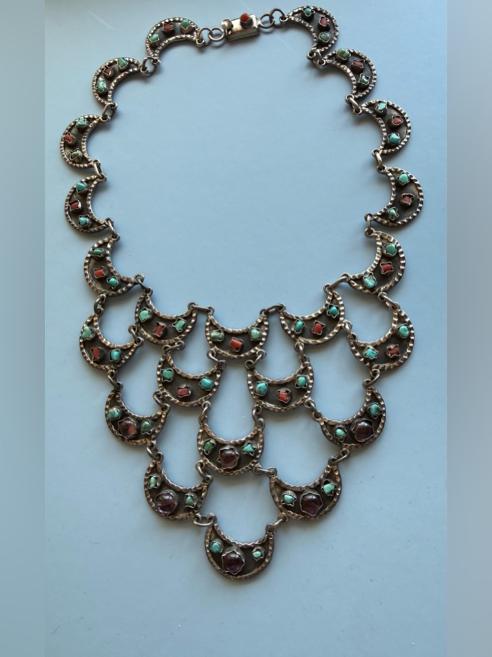Mexico Matilde Poulat Style Sterling Turquoise Coral Amethyst Dangle Necklace